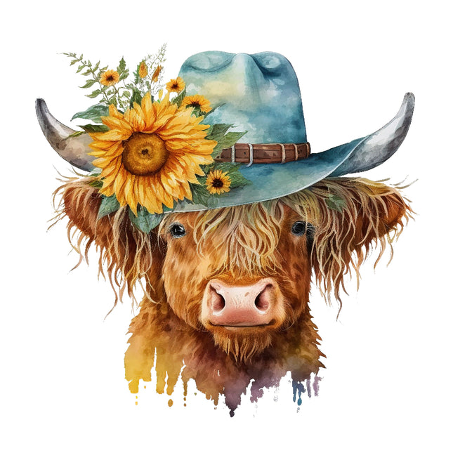 A fabric panel featuring a Highland cow with a sunflower on its head, wearing a blue hat.