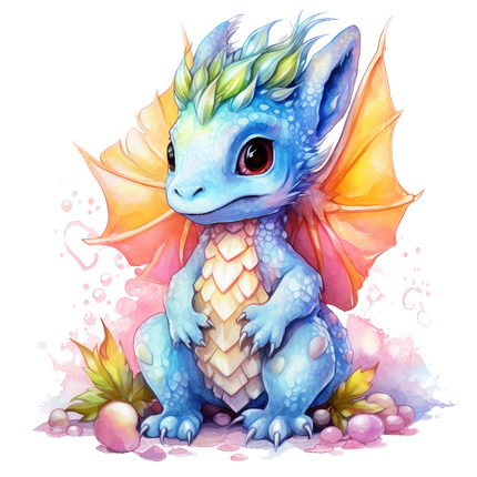 A digitally printed 100% cotton fabric panel featuring a quilt block with a baby dragon design, with options for different sizes.