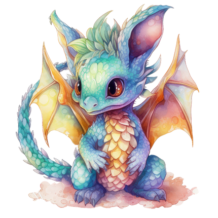 A digitally printed fabric panel featuring a colorful baby dragon with blue body, yellow wings, and green details.