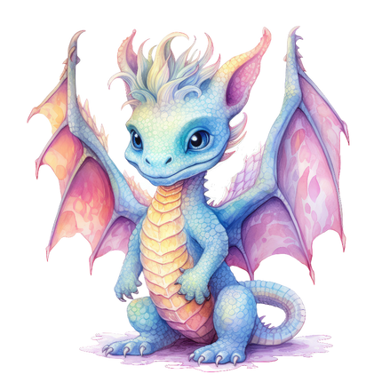 A digitally printed 100% cotton fabric panel featuring a quilt block with a baby dragon design.