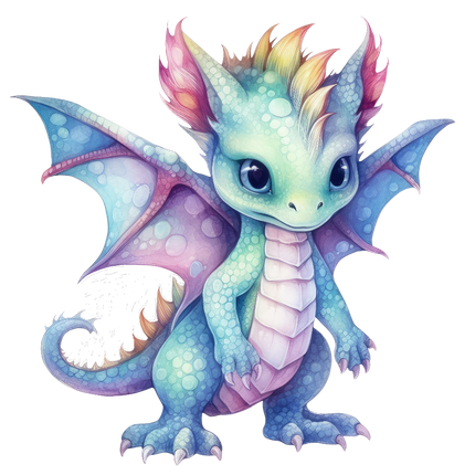 A digitally printed 100% cotton fabric panel featuring a quilt block with a baby dragon