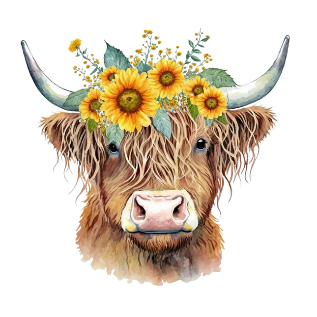 A fabric panel featuring a digitally printed image of a Highland cow with sunflowers on its head.
