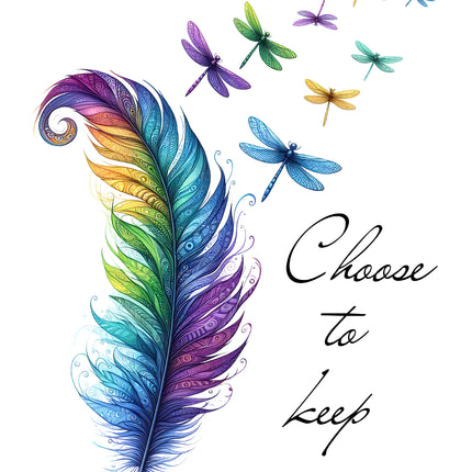 Colorful feather with dragonflies and 'Choose to keep going' quilt block