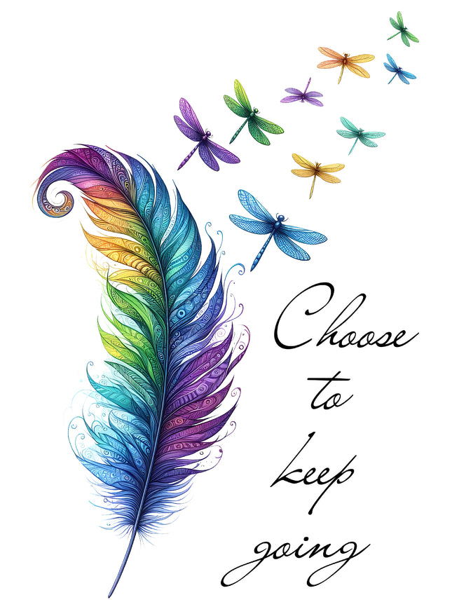 Colorful feather with dragonflies and 'Choose to keep going' quilt block