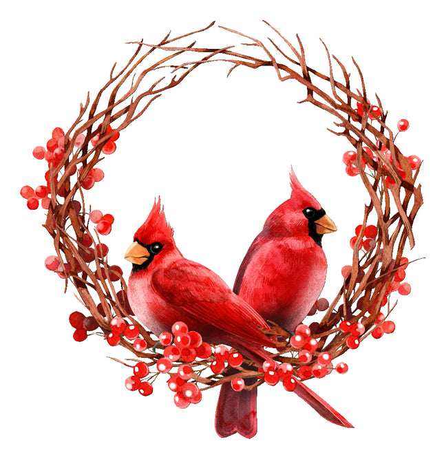 Two red cardinals on a wreath with berries fabric panel