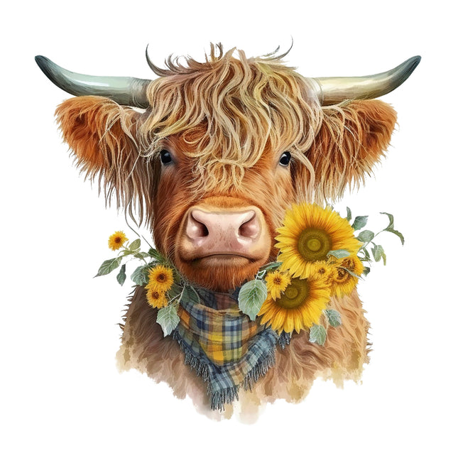 A fabric panel featuring a digitally printed Highland cow with sunflowers and a checkered scarf 