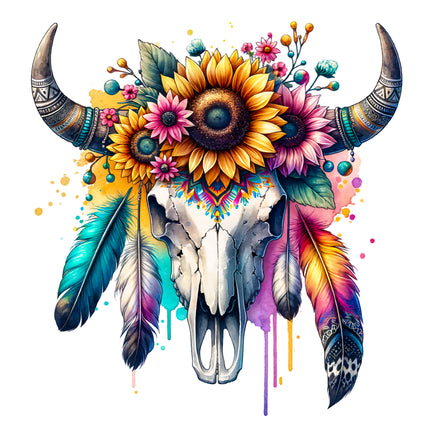 Boho Floral Cow Skull 100% Cotton Fabric Panel Block BB450