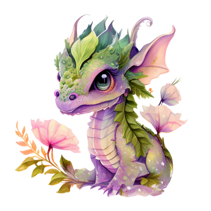 A digitally printed fabric panel featuring a quilt block design with a baby dragon