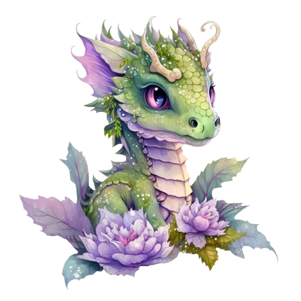 A digitally printed 100% cotton fabric panel featuring a quilt block design with a baby dragon