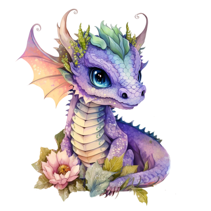 A digitally printed 100% cotton fabric panel featuring a quilt block with a baby dragon
