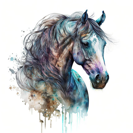 A digitally printed 100% cotton fabric panel featuring a horse with a splash of watercolor effects.