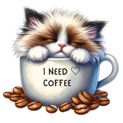 I Need Coffee Cat in Cup 100% Cotton Fabric Panel Block BB100