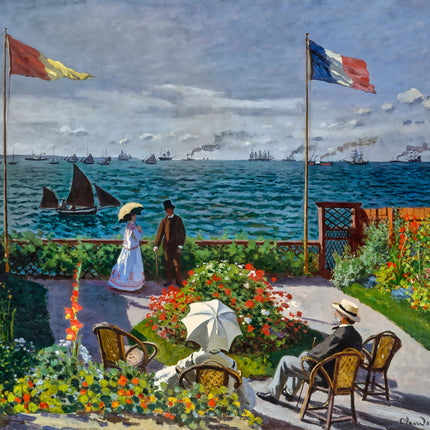 Painting of a garden by the sea with people sitting and flags waving.