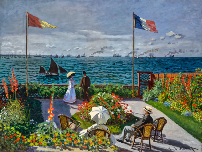 Painting of a garden by the sea with people sitting and flags waving.