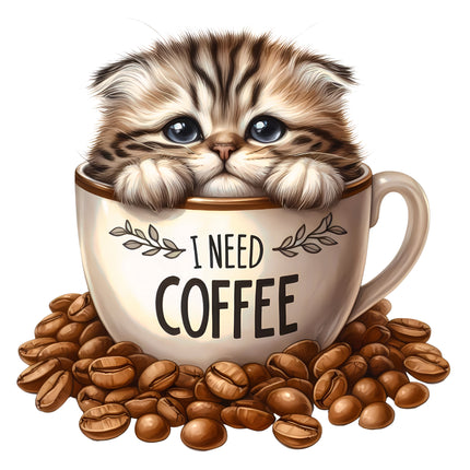 I Need Coffee Cat in Cup 100% Cotton Fabric Panel Block BB102