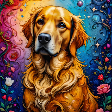 Colorful illustration of a dog surrounded by flowers quilt panel