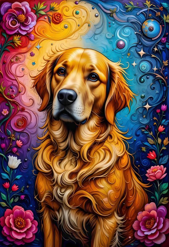 Colorful illustration of a dog surrounded by flowers quilt panel
