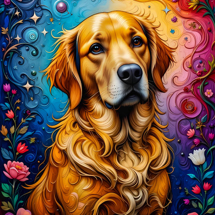 Colorful illustration of a dog surrounded by flowers fabric panel