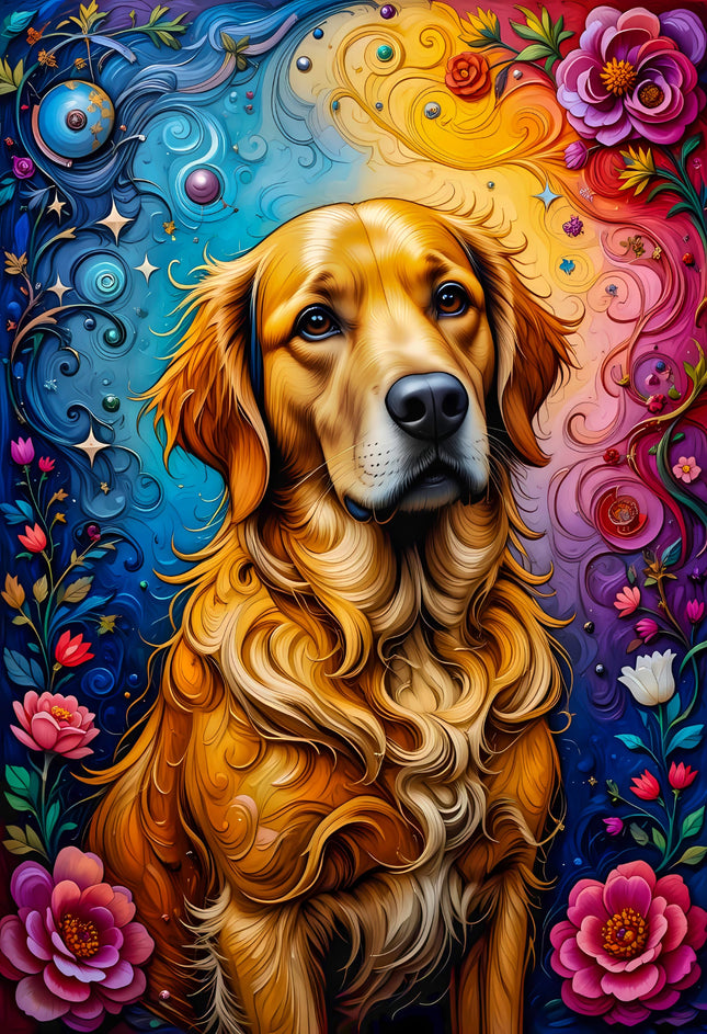 Colorful illustration of a dog surrounded by flowers fabric panel