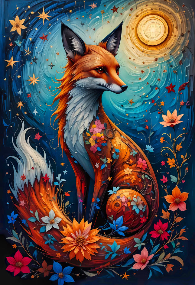 fox surrounded by flowers and stars with a glowing orb in the background.