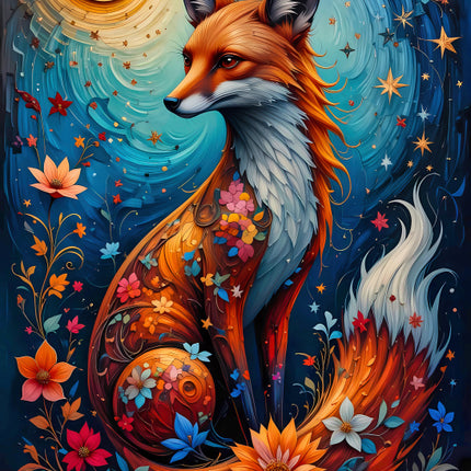 Colorful illustration of a fox surrounded by flowers quilt panel