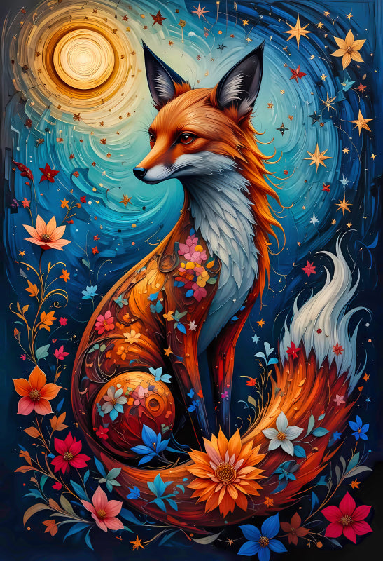 Colorful illustration of a fox surrounded by flowers quilt panel