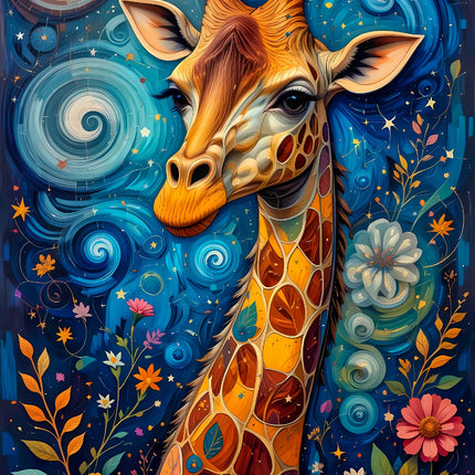Colorful illustration of a giraffe surrounded by flowers quilt panel
