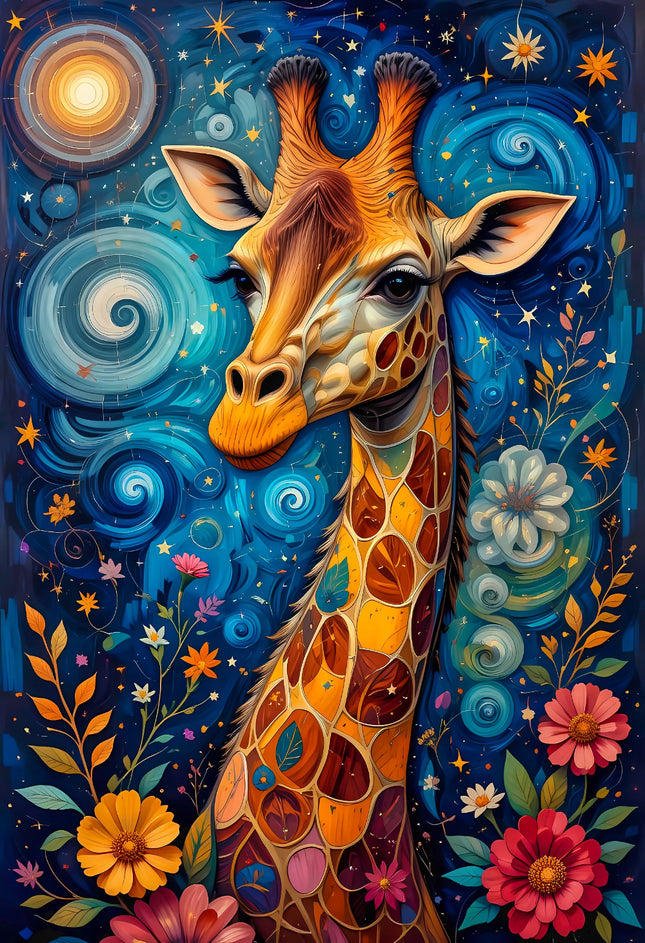 Colorful illustration of a giraffe surrounded by flowers quilt panel