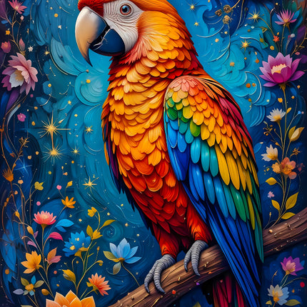 Colorful parrot on a branch with flowers and stars in the background fabric panel