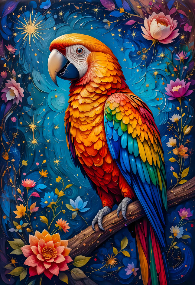 Colorful parrot on a branch with flowers and stars in the background fabric panel