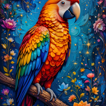 Colorful parrot on a branch with flowers and stars fabric panel
