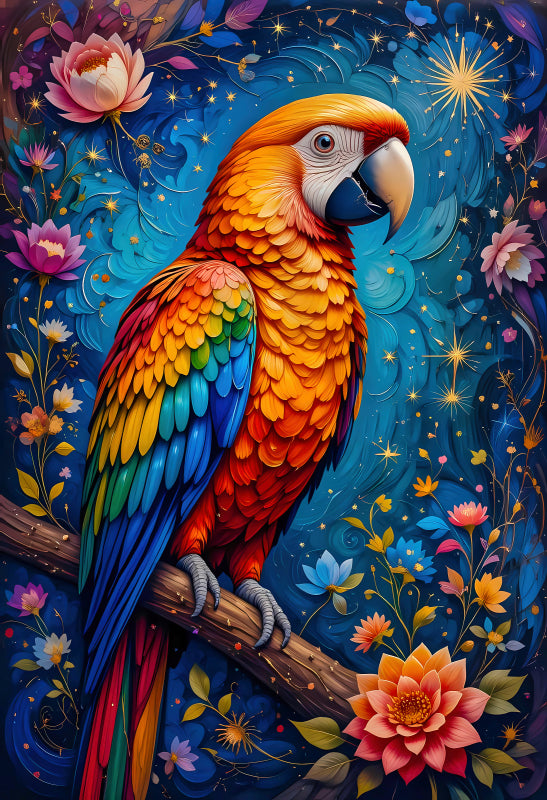 Colorful parrot on a branch with flowers and stars fabric panel