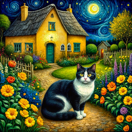 Painting of a black and white cat in a garden with a yellow house and starry night sky.