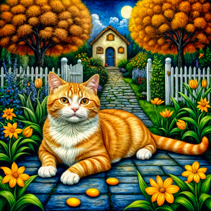 Cat sitting on a garden path with flowers and a house quilt panel