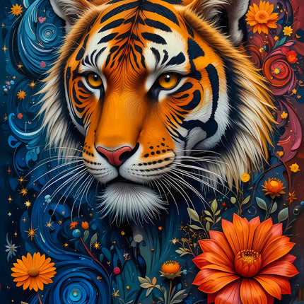 Colorful illustration of a tiger surrounded by flowers fabric panel