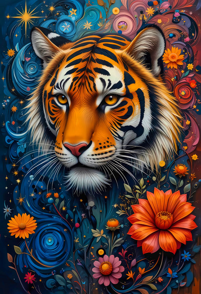 Colorful illustration of a tiger surrounded by flowers fabric panel