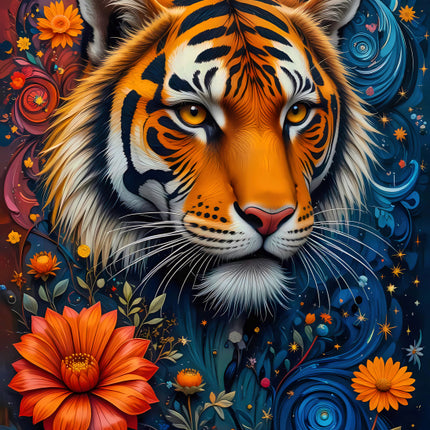 Colorful illustration of a tiger's face surrounded by flowers quilt panel