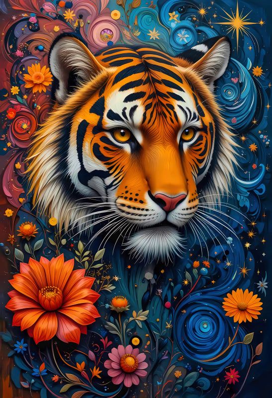 Colorful illustration of a tiger's face surrounded by flowers quilt panel