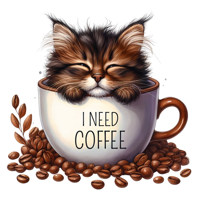 I Need Coffee Cat in Cup 100% Cotton Fabric Panel Block BB108