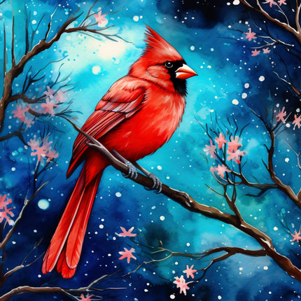 Red cardinal bird on a branch with a snowy background fabric panel