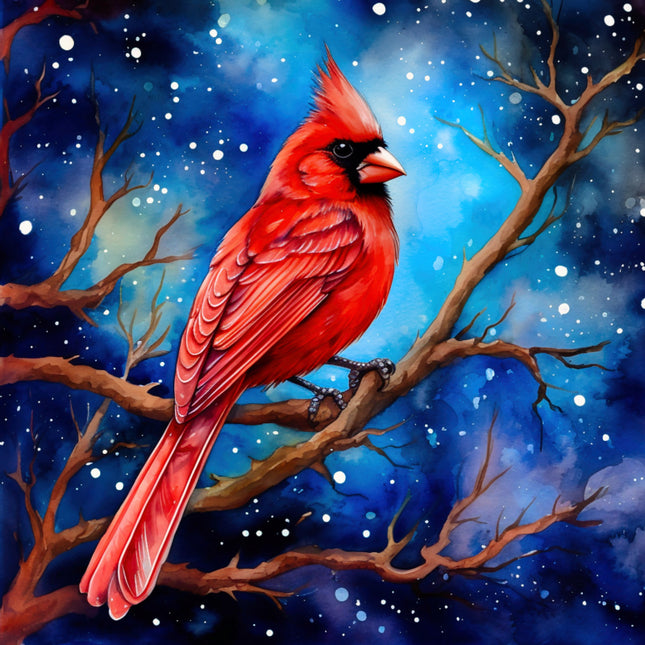 Red cardinal bird on a branch against a blue night sky with stars quilt panel