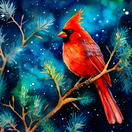 Red cardinal bird on a branch with a snowy night background fabric panel