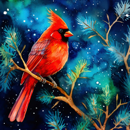 Red cardinal bird on a branch with a winter background quilt block