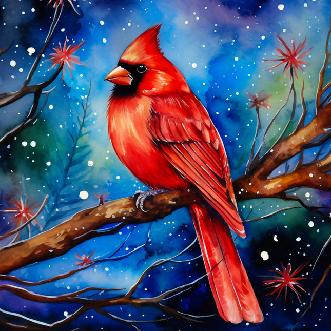 Red cardinal bird on a branch with a snowy background fabric panel