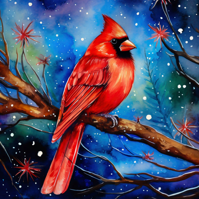 Red cardinal bird on a branch with a colorful winter background quilt panel