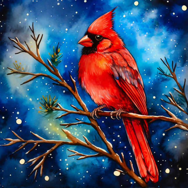 Red cardinal bird perched on a branch against a blue snowy background fabric panel