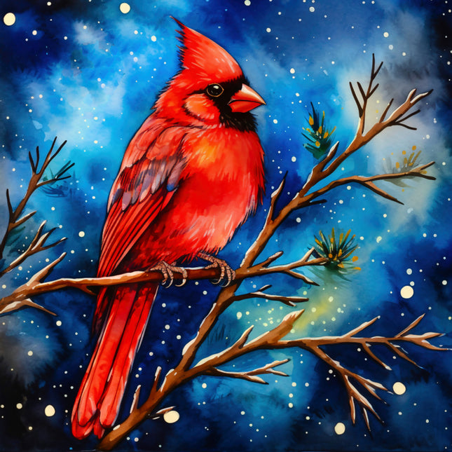 Red cardinal bird on a branch against a blue night sky with stars quilt panel