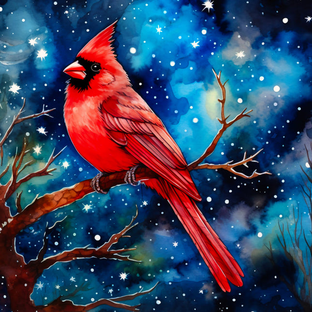 Red cardinal bird on a branch with a starry night sky fabric panel