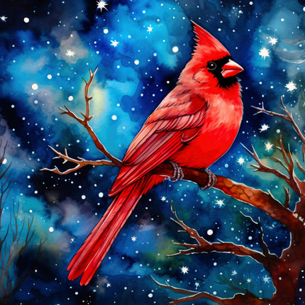 Red cardinal bird on a branch against a starry night sky fabric panel