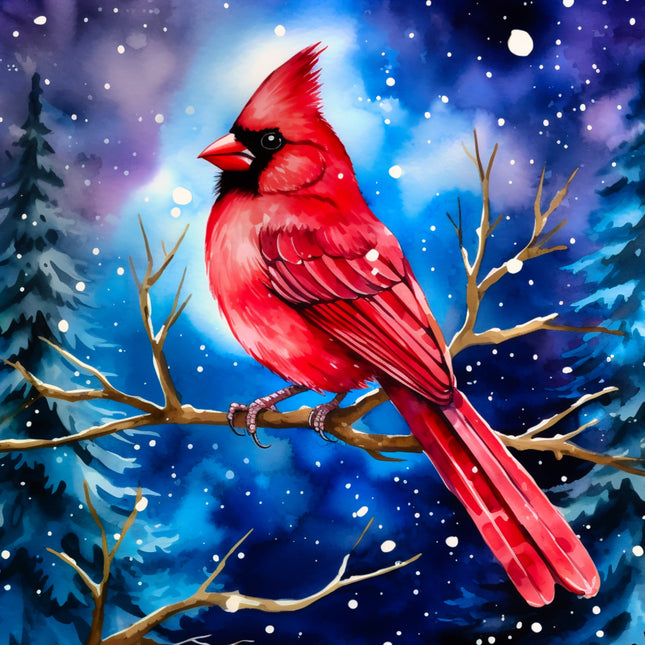 Red cardinal bird on a branch with a snowy forest background fabric panel